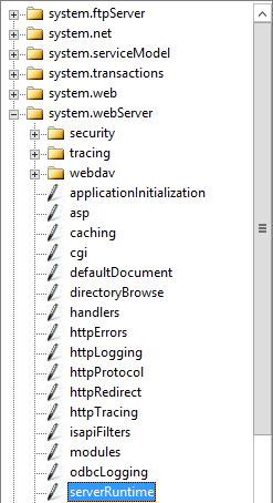 Selezionare serverRuntime nell'editor di configurazione in IIS per la directory virtuale owa.