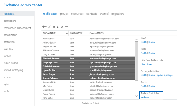 Procedure per i criteri della rubrica in Exchange Server