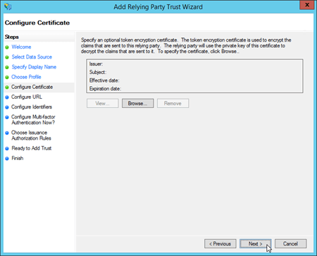 Pagina Configura certificato in Aggiunta guidata attendibilità componente.
