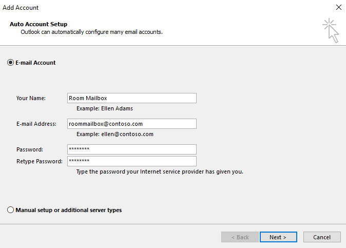 Screenshot per immettere le informazioni sull'account nella pagina Configurazione automatica account.