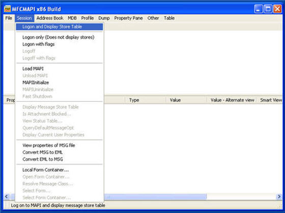 Screenshot delle finestre di compilazione MFCMAPI x86, che mostra la scheda Sessione e l'opzione Accesso e Visualizza tabella archivio.