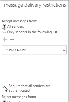 Screenshot della finestra di dialogo restrizioni per il recapito dei messaggi.