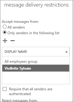 Screenshot della finestra di dialogo restrizioni per il recapito dei messaggi in cui è possibile aggiungere un mittente consentito.