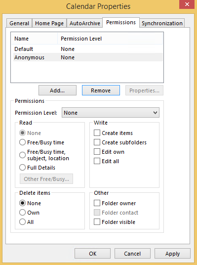 Screenshot che mostra che il livello di autorizzazione predefinito è impostato su Nessuno, senza offrire alcun livello di visibilità sulla disponibilità.