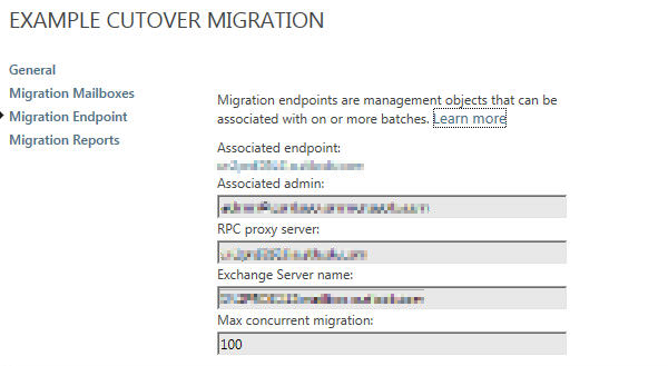 Screenshot della pagina Migrazione cutover di esempio.