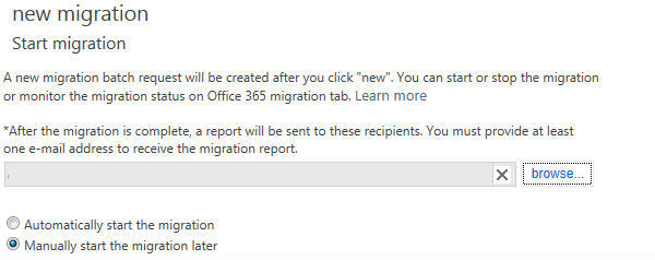 Screenshot della pagina Avvia migrazione per la migrazione I M A P.