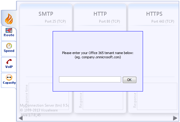 Screenshot dell'immissione del nome del tenant di Microsoft 365 nello strumento Di analisi di rete di Microsoft 365.