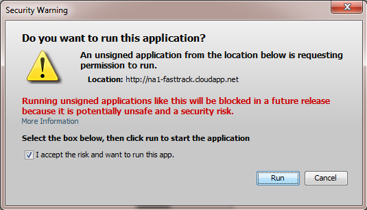 Screenshot di un avviso di sicurezza richiesto per eseguire l'applicazione.