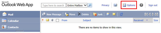 Screenshot della versione light di Outlook Web App che mostra il pulsante Opzioni.