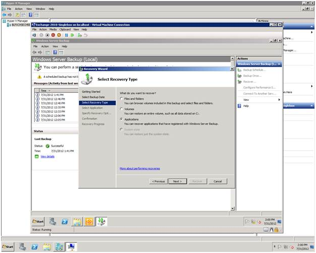 Screenshot dell'uso di Windows Server Backup per ripristinare la cassetta postale.