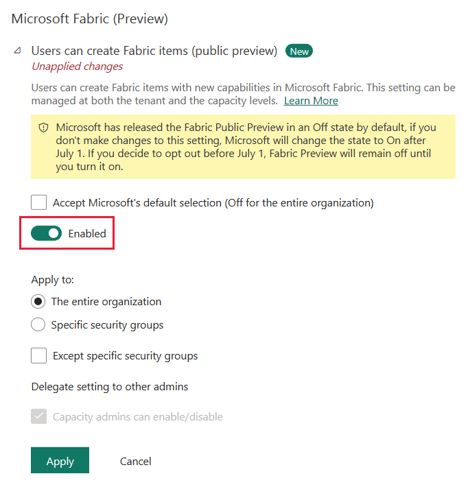 Screenshot dell'impostazione del tenant di Microsoft Fabric con gli utenti possono creare elementi di Fabric abilitati.