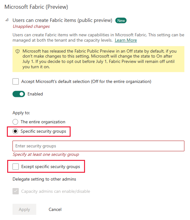 Screenshot dell'impostazione del tenant di Microsoft Fabric con gli utenti possono creare elementi di Fabric abilitati e l'opzione gruppi di sicurezza specifici selezionata.