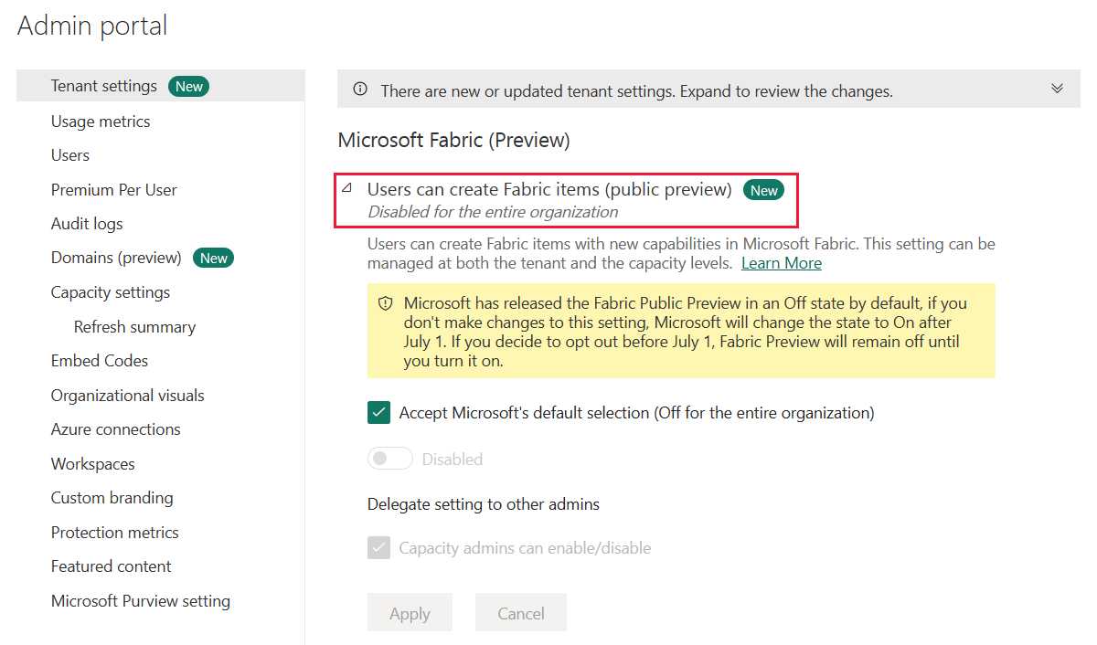 Screenshot dell'impostazione del tenant di Microsoft Fabric nel portale di amministrazione.