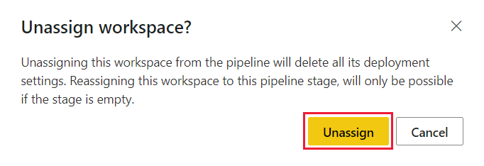 Screenshot che mostra la finestra popup dell'area di lavoro non assegnata nelle pipeline di distribuzione. Il pulsante di annullare l'assegnazione è evidenziato.