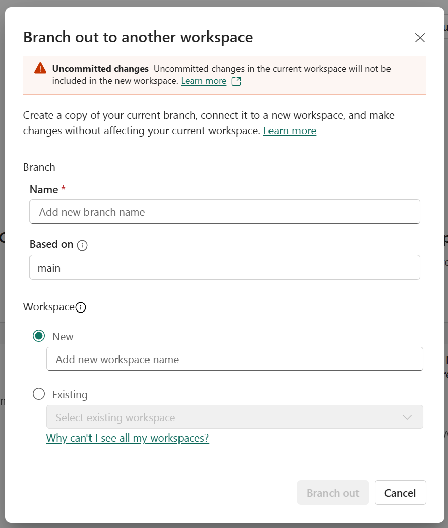 Screenshot della diramazione in cui si specifica il nome del nuovo ramo e dell'area di lavoro.