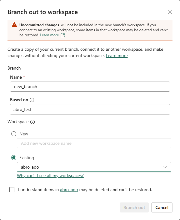 Screenshot della divisione che mostra il ramo esistente e l'area di lavoro.