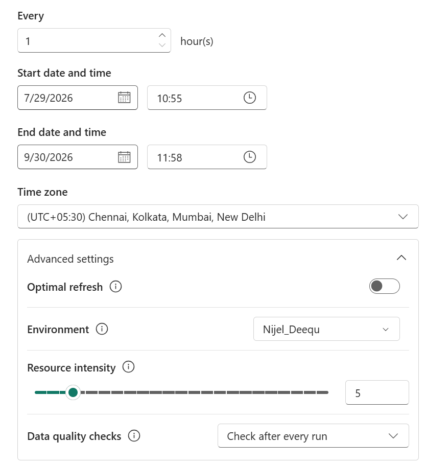 Screenshot di Crea nuova pianificazione Impostazioni avanzate con un menu a tendina Controllo qualità dei dati impostato su Verifica dopo ogni esecuzione.