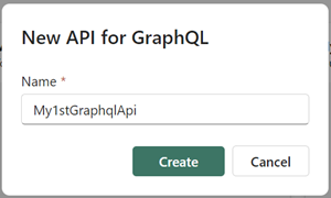 Screenshot della finestra di dialogo Nuova API per GraphQL, che mostra dove immettere il nome e selezionare Crea.