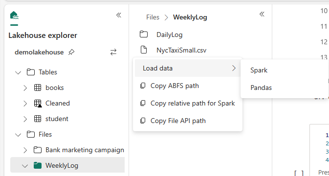 Screenshot showing context menu of files in lakehouse.