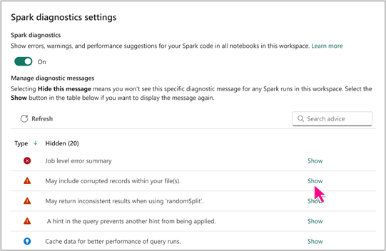 Screenshot che mostra l'impostazione di Spark Advisor.
