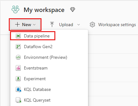 Screenshot che mostra come creare una nuova pipeline di dati.