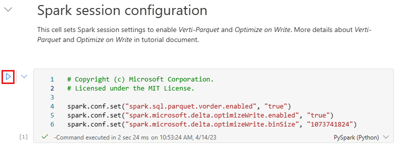 Screenshot di una schermata di configurazione della sessione Spark, inclusa una cella di codice e l'icona Esegui.