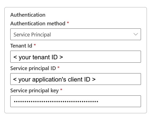 Screenshot showing Service Principal authentication method page.