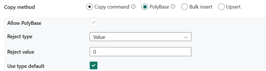 Screenshot che mostra le impostazioni di PolyBase.