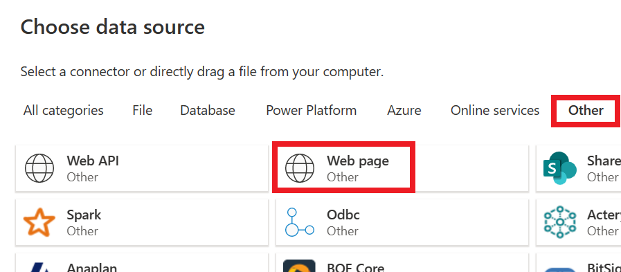 Screenshot della schermata scegliere origine dati con la categoria Other e il connettore pagina Web sottolineato.
