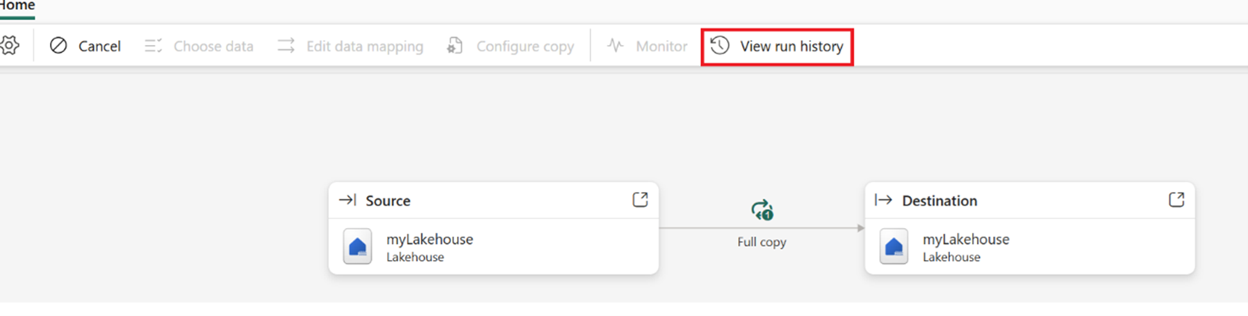 Screenshot che mostra il pulsante Visualizza cronologia delle esecuzioni nel pannello Copia lavoro.