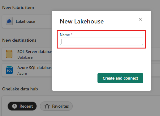 Screenshot che mostra il pulsante Crea nuovo Lakehouse selezionato nella pagina Scegli destinazione dati dell'Assistente copia dati.