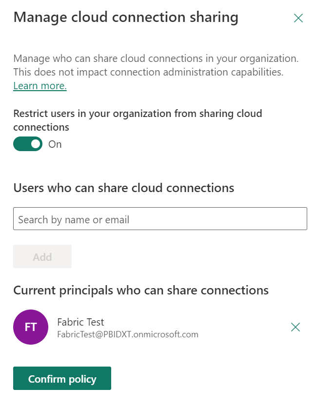 Screenshot showing the manage cloud connection sharing feature toggled on.