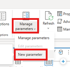 Screenshot dell'editor del flusso di dati con la selezione Gestisci parametri e l'opzione Nuovo parametro evidenziata.