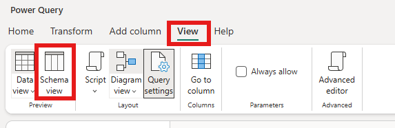 Screenshot dell'editor del flusso di dati con l'opzione Visualizzazione schema evidenziata.