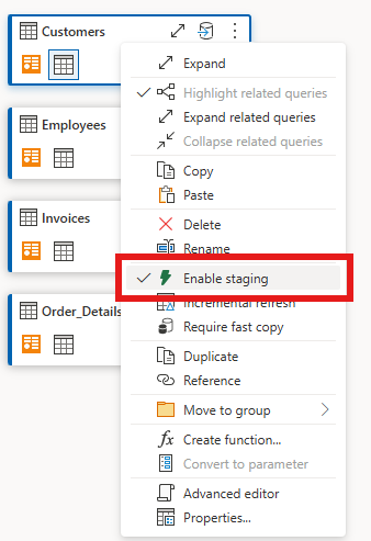 Screenshot che mostra come abilitare la gestione temporanea in Dataflow Gen2.