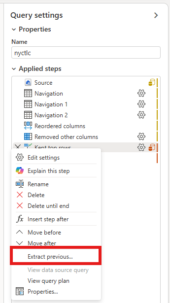 Screenshot del menu di scelta rapida del passaggio con l'opzione Estrai precedente evidenziata.