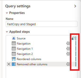 Screenshot del pannello Passaggi applicati con gli indicatori di piegatura evidenziati e tutti impostati su verde.