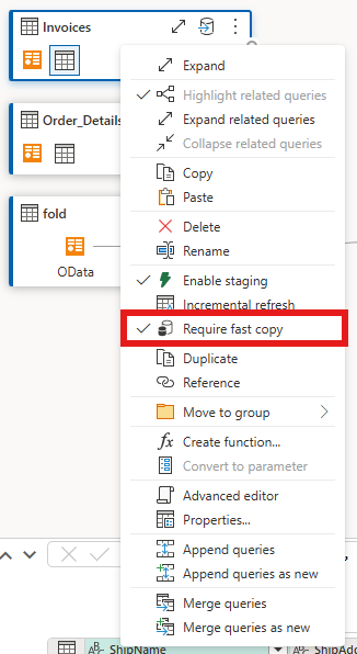 Screenshot che mostra il percorso dell'opzione Richiedi copia rapida per Dataflow Gen2.