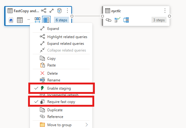 Screenshot del menu di scelta rapida della query con le opzioni Abilita gestione temporanea e Copia rapida evidenziate.