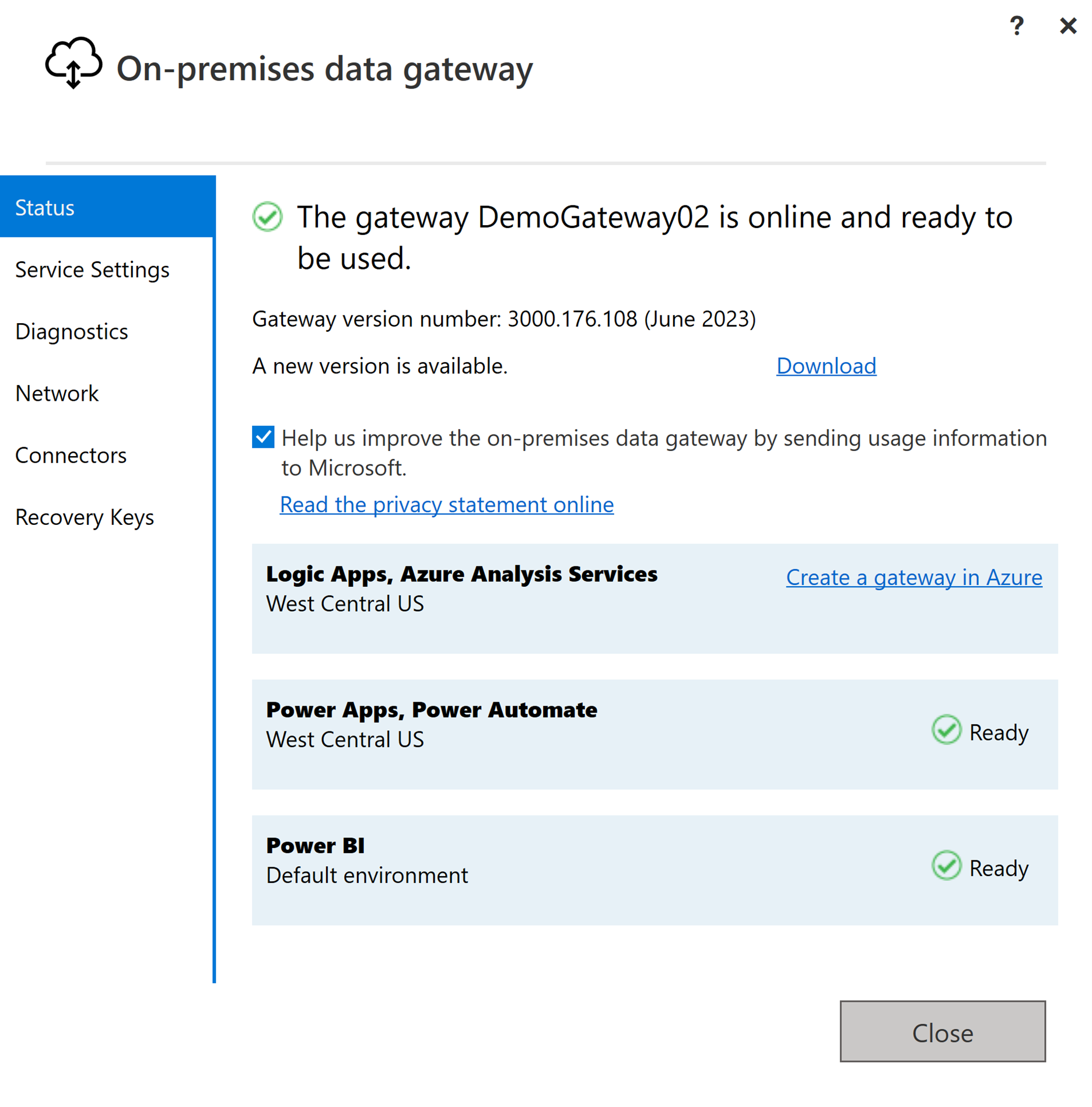 Screenshot che mostra la configurazione del gateway dati locale dopo l'accesso dell'utente.