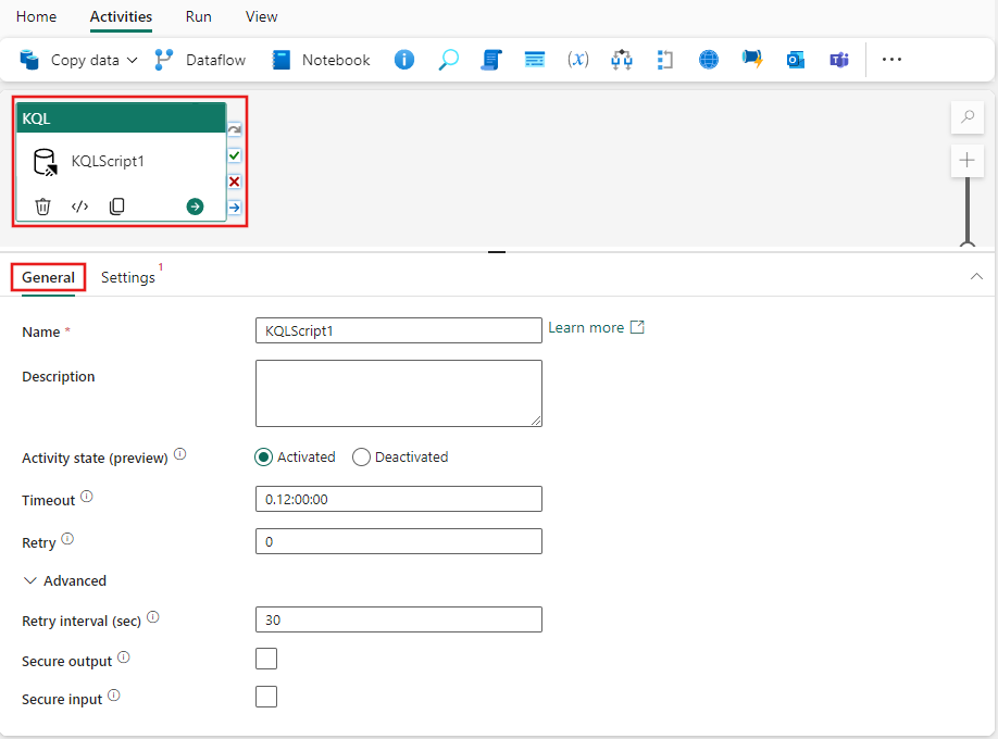 Screenshot della scheda Impostazioni generali dell'attività KQL.