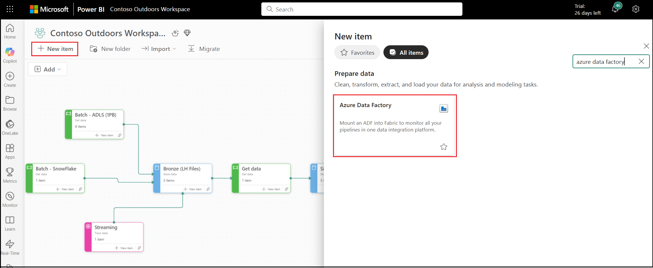 Screenshot che mostra l'elemento Azure Data Factory in Fabric.