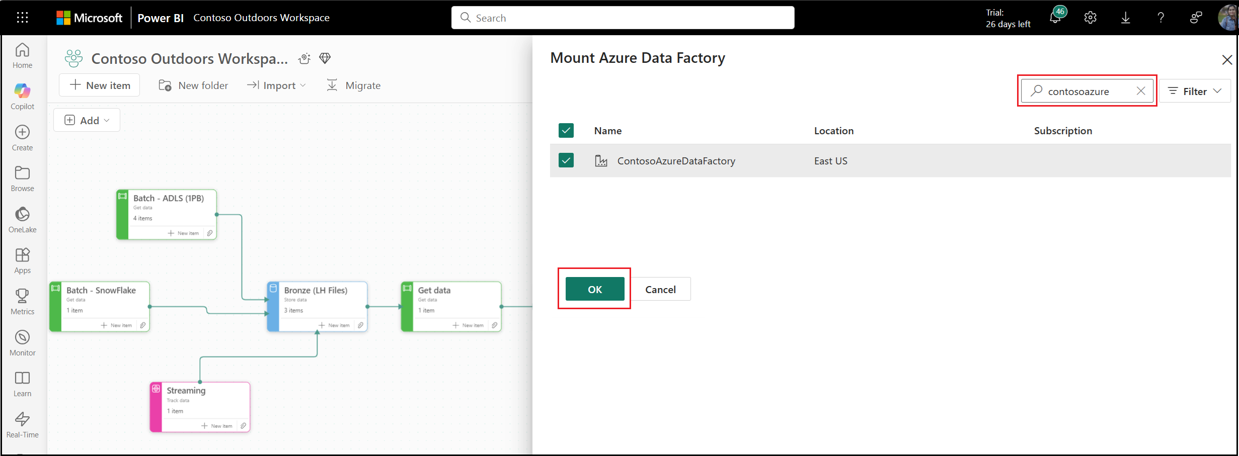 Screenshot che mostra il menu a tendina di Azure Data Factory in Fabric.