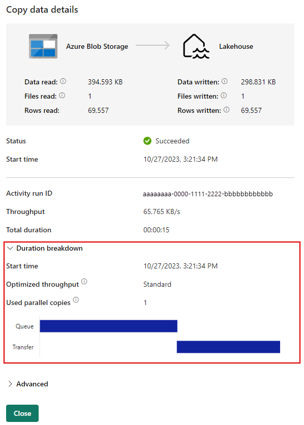 Screenshot dei dettagli aggiuntivi per l'esecuzione del processo di copia dei dati.