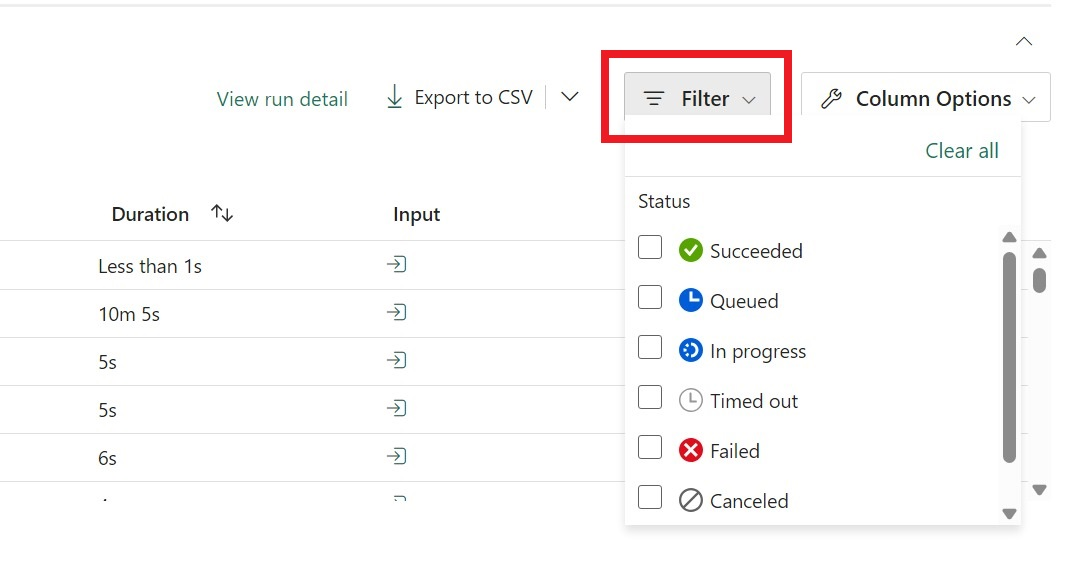 Screenshot delle opzioni di filtro dell'attività in esecuzione.