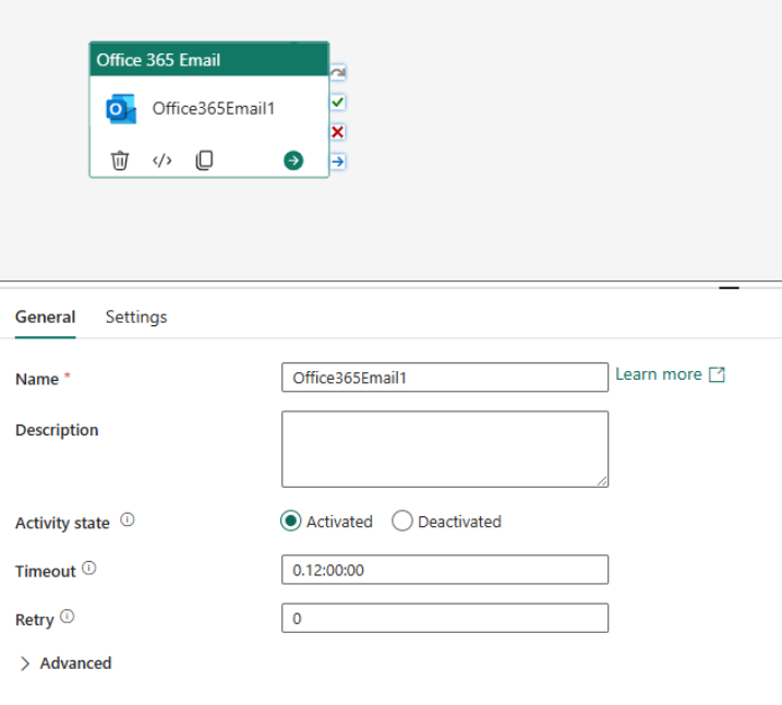 Screenshot della scheda Impostazioni generali con l’attività Office 365.