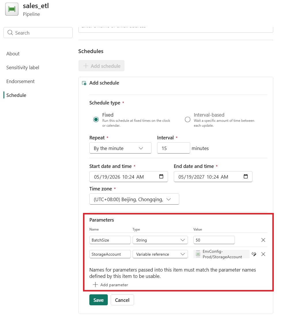 Screenshot che mostra la configurazione della pianificazione con la sezione parametri in cui è possibile aggiungere nomi e valori dei parametri.
