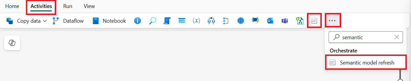 Screenshot che mostra come aggiungere una nuova attività di aggiornamento del modello semantico a una pipeline dalla barra Attività.