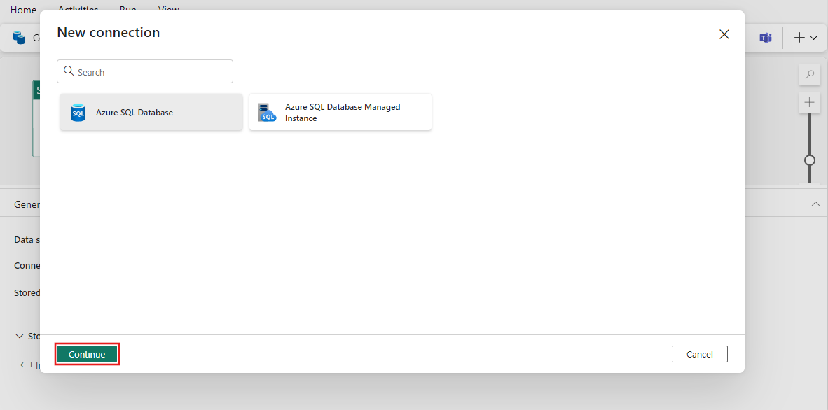 Screenshot che mostra dove selezionare l’origine dati.