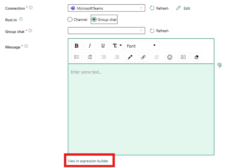 Screenshot che mostra la scheda Impostazioni dell'attività di Teams che evidenzia il collegamento da selezionare per l'uso di espressioni dinamiche.